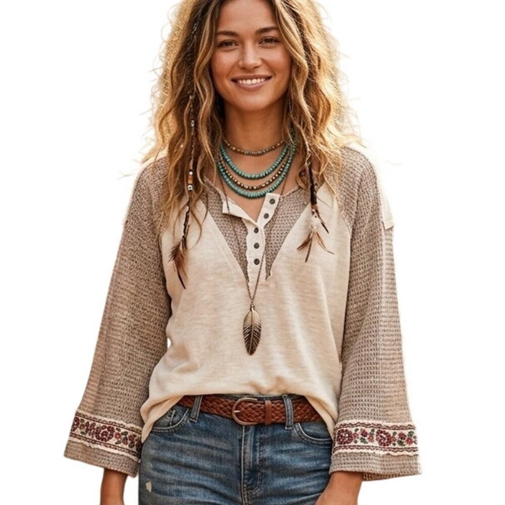 Umgee Mixed Media Henley Top Womens Large Earthy Boho Floral Cross Stitch